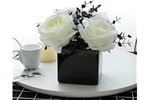 NAWEIDA Artificial Flowers with Small Ceramic Vases, Roses in Vases Plastic Artificial Flowers and Plants,Used for Home Office Wedding Decoration, Table Decoration-Black