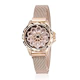 MENGZHEN 1PC Elegante Luxus-Damenuhr Einzigartige rotierende Blume Liebe Armbanduhr mit kreativem Magnet-Design Armband