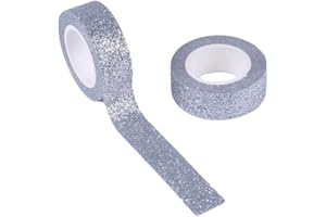 Syntego Cinta Washi con purpurina, Autoadhesivo para manualidades decorativas con ribete adhesivo con purpurina (Plata, 5/8" x 196 pulgadas)