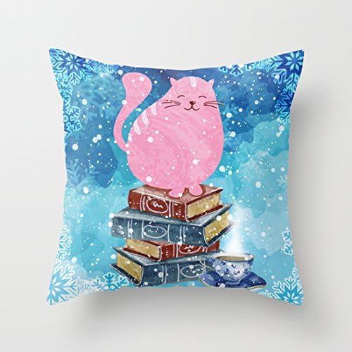 Bookish Cat in Winter Canvas Square Throw Pillow Cover Decorative Pillowcase Cushion Cover 18 x 18