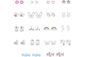 CJQRL 18 Paires Boucle d Oreille Enfants Fille, Mignon Boucles D'Oreilles, Boucles D'Oreilles Hypoallergéniques Mignon Papillon Zircon Multicolore Fleur Coeur Vis Dos Boucles d'oreilles Ensemble