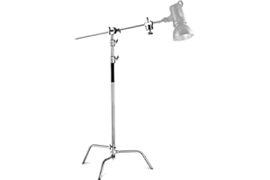 NEEWER Pro 100 % Acero Inoxidable Heavy Duty C Stand con Brazo Articulado Altura Máxima de 320 cm Soporte de Luz para Fotografía con Brazo de Sujeción de 4,2 pies/128 cm, 2 Cabezales de Agarre