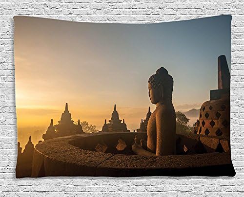 jjonepin Buddha Decor Collection, Buddha Temple at Indian Sunrise Ancient Architecture Mystic Style Ceremony Picture Wall Art, Bedroom Living Room Dorm Wall Hanging Tapestry, 80W X 60L Inch, Multi