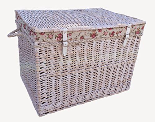 Large White Wash Storage Picnic Basket With Garden Rose Lining