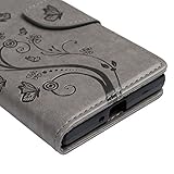 MAXFE.CO Lederhülle Leder Tasche Case Cover für Sony Xperia XZ Hülle PU Schutz Etui Schale Gray Muster Prägung Schmetterling Design Backcover Flip Cover Wallet Hardcase im Bookstyle mit Standfunktion Karteneinschub Etui Flip Case - 