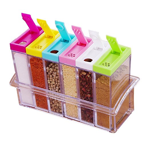 Gewürzdosen Set mit 6 Teilen aus Kunststoff mit dem Aufbewahrungsregal Accessoires für Küche, Farben Zufalls Spice Jar Set Speisewürze Essig Flasche (Transparent)