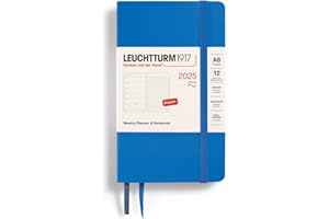 LEUCHTTURM1917 370766 Agenda semanal y cuaderno 2025, bolsillo A6, tapa blanda, planificador de 12 meses, a rayas, azul y inglés