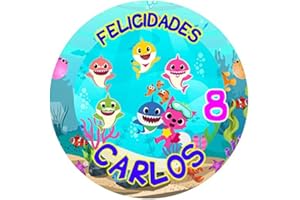 OBLEA PERSONALIZADA OBLEA de BABY SHARK personalizada con nombre y edad para pastel o Tarta, especial para cumpleaños, Medida redonda de 20cm de diámetro