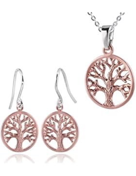 MATERIA Roségold Schmuckset Kette + 925 Silber Ohrhänger Lebensbaum & Anhänger vergoldet #209-225-30