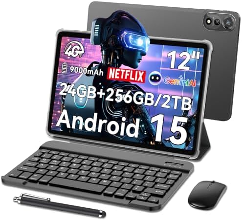 Blackview Mega2 Tablet 12 Pollice Android 15 Tablet con Tastiera, 24GB RAM 256GB ROM con SIM 4G, 2K FHD+, Gemini AI, 9000mAh, Doppia fotocamera, Widevine L1, GPS, Face ID, Mouse, Custodia, Penna