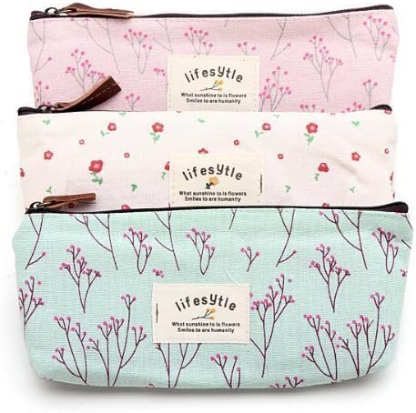 Pencil Pen Case Countryside Flower Floral Canvas Student Coin Purse Pouch Cosmetic Makeup Bag Set of 3 Pack