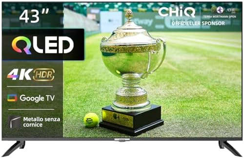 CHiQ Smart TV QLED 43 pollici 4K, Ampio spettro cromatico UHD con HDR, telecomando a controllo vocale, Chromecast integrato, Dolby Audio, DBX-TV, Bluetooth 5.0, Wi-Fi Dual Band