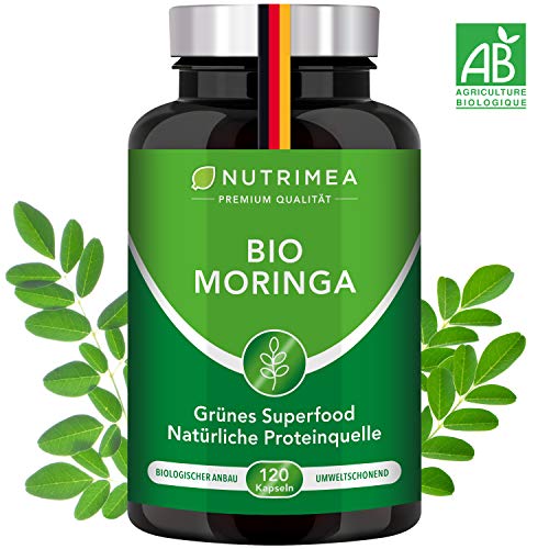Moringa Kapseln BIO Hochdosiert - Zertifizierte BIO-Qualität - 100% Reines Moringa Oleifera Blatt-Pulver - 4 Monatsvorrat Natürliche Proteinquelle & Vitamine für Veganer - SUPERFOOD Energy & Vitalität