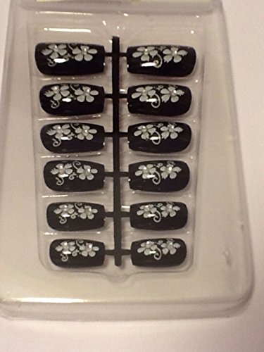 BLACK FLORAL DIAMANTE PRE DESIGN FALSE NAILS 2 DESIGNS GLUE NOT INCLUDED