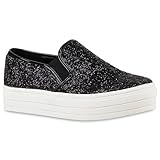 plateau slipper damen blau  Damen Slip-ons Glitzer Plateau Slipper Metallic Stoff Denim Lack Schleifen Flats Plateau Gr. 36-41 Schuhe 118746 Schwarz 37 Flandell
