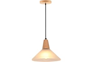 LIGKIN Lampadario a Sospensione in Vetro Vintage E27 Lampadari Industriale Ø23cm Paralume in Vetro Cavo Regolabile Lampade da soffitto Legno per Cucina Sala da Pranzo Sala Caffè