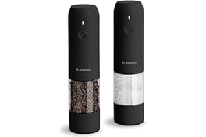 TLYSXPRO Juego de Molinillo Pimienta Eléctrico y Salero, Recargable por USB, Molinillo de Salero y Pimentero con Granulometría Ajustable, Salero y Pimentero Eléctrico, Luz LED (2 Piezas, Negro)