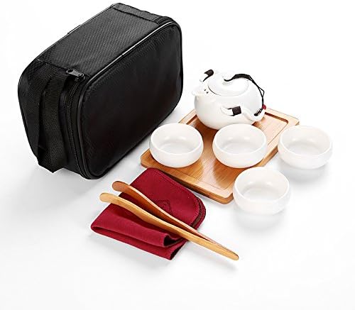 ZHIZU Portable Travel Teapot Sets Chinese Handmade Tea Set Porcelain Teapot &amp; 4 Teacups &amp; Bamboo Teatray &amp; Storage Bag (White With 4 Teacups &amp;Storage Bag)