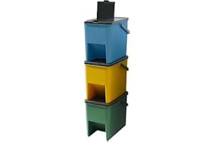 KITCHEN MOVE Lot de 3 Poubelles Empilables 20L pour Recyclage BERGEN Poubelles de Tri Sélectif en Plastique, Couleurs Jaune, Bleu, Vert et Gris