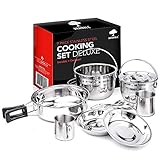 Produktinfos - Jedes Set enthält 1x 15cm Topf, 1x 18cm Topf, 1x Deckel, 1x 21cm Bratpfanne, 2x 7cm Tassen, 2x 14cm Teller & 2x 15cm Sporks (Messer-Gabel-Löffel-Kombi). Die Griffe jedes Topfes sind zusammenklappbar und somit noch kompakter.