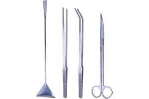 FHISKUNYU Set Professionale 4 Attrezzi per Acquario in Acciaio Inox Argento - Pinzette, Forbici Curve, Spatola e Strumenti Lunghi per Piante Acquatiche (Dolce/Salata)​