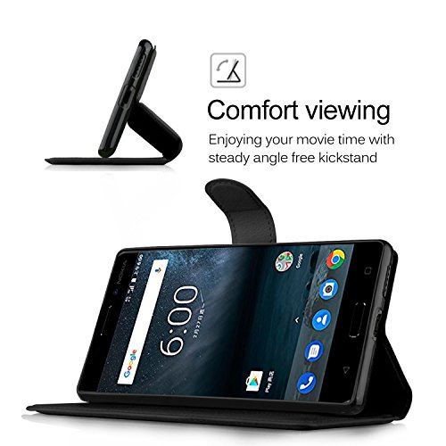Nokia 6 Custodia - KuGi Lussuosa PU Cover Custodia Protettiva Portafoglio da Mano per Nokia 6 Smartphone (Nero)