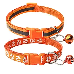 CHBORCHICEN 2-Pack Footprint & Reflective Cat Collar with Bell Basic Dog Cat Collar Buckle Adjustable Polyester Cat Dog Collar or Seatbelts (X-Small, Orange)
