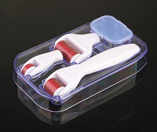 4-in-1 Derma Roller Kit - 3 Separate Roller Heads of Different Needle 300+720+1200 Titanium Micro Needles and a Convenient Travel and Storage Case with Built-in Disinfection Tank. Best Skin Derma Roller Kit with Interchangeable Roller Heads for Face, Eyes, Body. Reduces Wrinkles, Stretch Marks, Scars, Pores, Cellulite(4 in 1 White Handle)