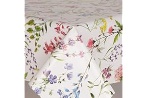 HOME-EXPRESSIONS Home Expressions® Fabulous Flowers Classic Botanical Flowers on a White Ground with Pink, Lavender and Green Flowers, Pvc Wipe Clean Vinyl Table Cloth Textile Backing (200cm x 140cm Rectangle)