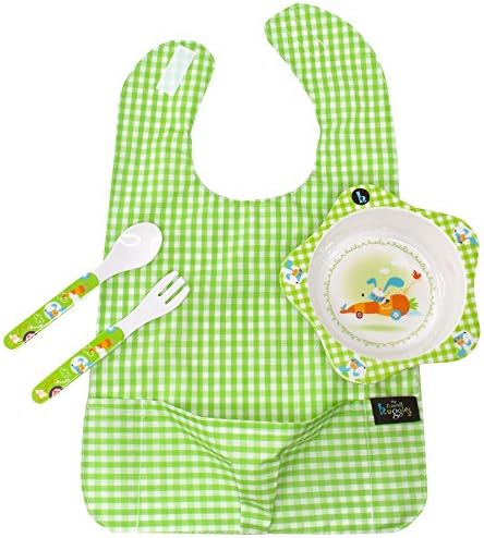 My Friend Huggles 4-Piece Feeding Set: Baby Bib with Crumb Catcher, Matching Food Bowl and Utensils, Green