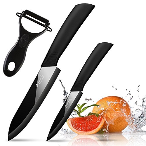 Aicok Keramikmesser Set Spiegelfläche, Küchenmesser Set Für Obst Gemüse, 2-teilig Messer und Gemüse Peeler Küchenwerkzeug Set