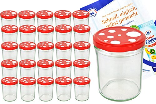 25er Set Sturzglas 435 ml To 82 Fliegenpilz Deckel rot weiß gepunktet incl. Diamant Gelierzauber Rezeptheft Marmeladenglas Einmachglas Einweckglas