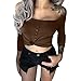 Produktbild Manadlian Frau Einfarbig Schulterfrei Blusen Lange Ärmel Dünne kurze Spitzen Hemd Damen Bluse Schulterfrei Cold Shoulder Locker Träger Top Oberteil (L, Braun)