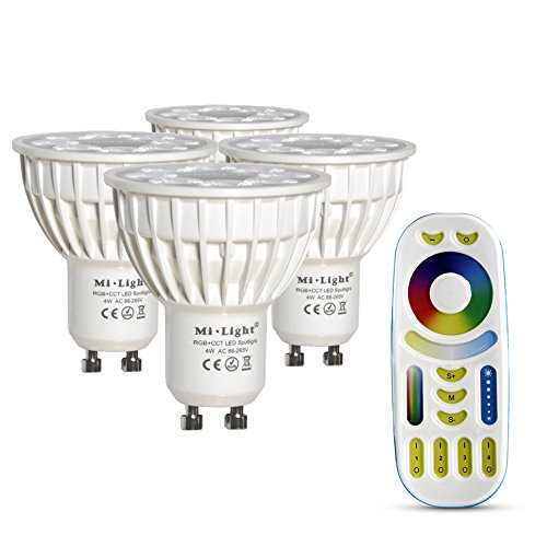 LIGHTEU®, 4x 4W GU10 RGB + CCT LED-Strahler Farbwechsel und CCT WW CW Temperatur einstellbar, original Mi-Light, Glühlampe mit 4-Zonen-Fernbedienung (4x FUT103 + FUT092)