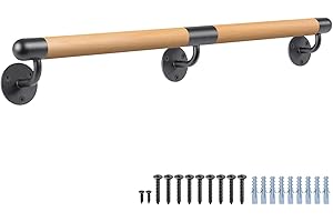 Dolibest 200cm Main Courante en Bois, Rampe d'escalier Bois en Hêtre Ronde 3.8cm Poignée de Sécurité Barre d'escalier avec Support Intérieur Murale Balustrade pour Enfant/Handicapée/Personnes âgées
