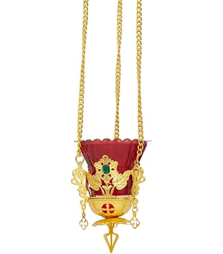 Lampe à Huile Suspendue Chrétienne Orthodoxe - 67,5 Cm, Alliage Zinc Et Verre Rouge - Pour Cérémonies Ou Décoration Intérieure
