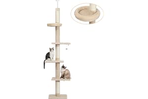 PAWZ Road Katzenbaum, 5-stöckig, von Boden bis Decke, höhenverstellbar, hohes Katzenkletter-Aktivitätszentrum mit Kratzbaum, gemütliches Bett, baumelnder Ball für Indoor-Katzen/Kätzchen Beige