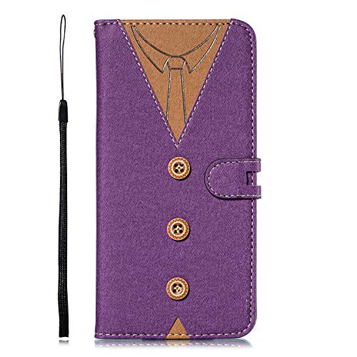 Carols Samsung Galaxy A7 (2018) Case, Creative Clothing Collar Pattern Phone Case Fabric + PU Leather Protective Case with Wallet and Stand Function - Purple 01