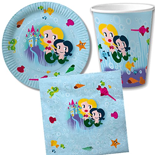 37-tlg. Party-Set * MEERJUNGFRAU * mit Pappteller + Servietten + Pappbecher + Deko für Kindergeburtstag // Teller Becher Essen Pappe Geschirr Party Deko Dekoration Einweg Kinder Geburtstag Mottoparty Deko Seamaid Nixe