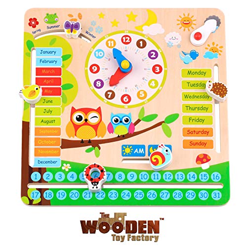 The Wooden Toy Factory - Reloj Calendario Educativo *EN Ingles* - Juego para Aprender Las Horas, Las Fechas y el Clima