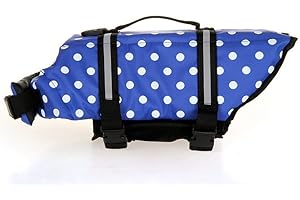 SHTGOI Giubbotto di salvataggio riflettente per cani con manico di salvataggio per animali domestici, gilet di salvataggio per cuccioli, gilet di sicurezza per nuoto, canottaggio, acqua, blu a pois