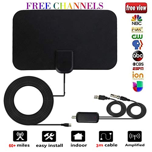 Antena TV Interior, [Nueva versión 2019] Antena Interior TDT 60 Millas con Amplificador de Señal y Cable Coaxial de 13.2 FT, Digital HDTV Antena Portatil para DVB-T TDT (Negro)