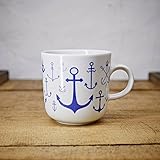 Kaffeebecher / Becher maritimes Design Anker - Porzellan blau-weiss von Ahoi Marie