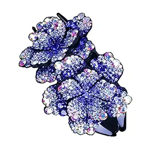 MIZORRI Double Flower Rhinestone Hair Clip For Women and Girls | Crystal Fancy Hair Clip | Elegant Thick Long hair Barrette Claw Clip (11 cm x 7.5 cm)