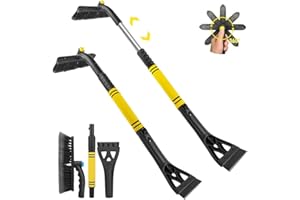 Abiemuce Eiskratzer Auto mit Besen, 3 in1 Auto Eiskratzer, 360° Drehbarer Schneebürste, Abnehmbarer Eisschaber, Ausziehbarer Schneekratzer und Bürste, mit Schaumstoffgriff, für Auto LKW SUV - GELB