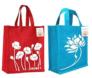 INDOZY Jute Bag for Lunch Tiffin & Gifting | for Men Women Girl boy Kid Office Daily use Handbag | with Zip & 2 Inside Pockets for Spoon/Fork/Tissue/Mobile & Water Bottle (Redpop+Bluelot)