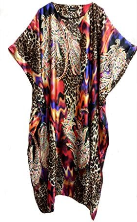 Ladies Multi-colour Print Polyester Woven Silky Satin Long Kaftan. One Size Fit UK 10-32