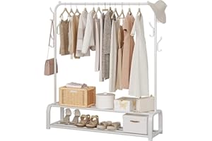 ACCSTORE Freestanding Metal Clothes Rack with Double Layer Storage Shelf and Side Hooks, White