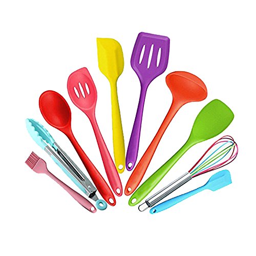 10 Piece Premium Silicone Kitchen Baking Set - Tongs, Whisk, Brush, Spatula, Slotted Spoon, Noodle Spoon, Rice Paddle, Slotted Spatulla, Soup Spoon - Heat Resistant Cooking Utensil (Mehrfarbige)