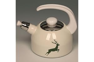 Riess, 0543-072 - Hervidor con flauta Plus, Country, color verde cielo, diámetro 18 cm, altura 21,7 cm, capacidad de 2 litros, esmalte, beige con ciervo verde, inducción